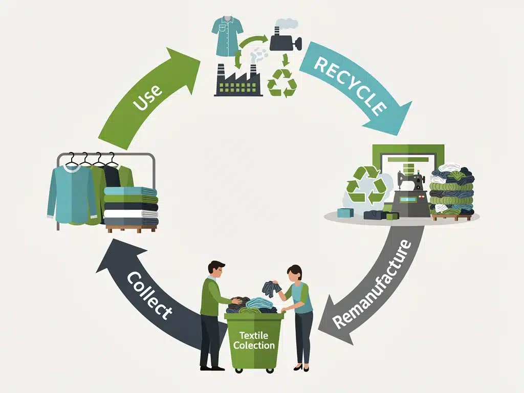 Circular economy model illustration for textile recycling and new apparel production