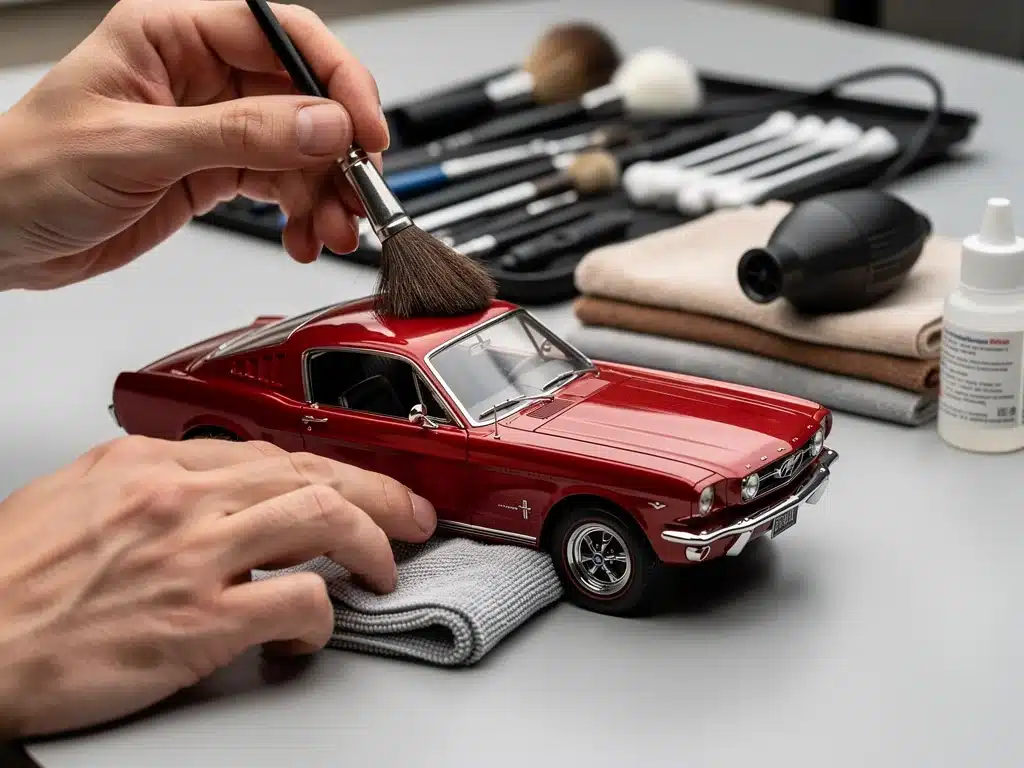 Collector carefully cleaning a scale model car with a soft brush, emphasizing delicate preservation techniques.