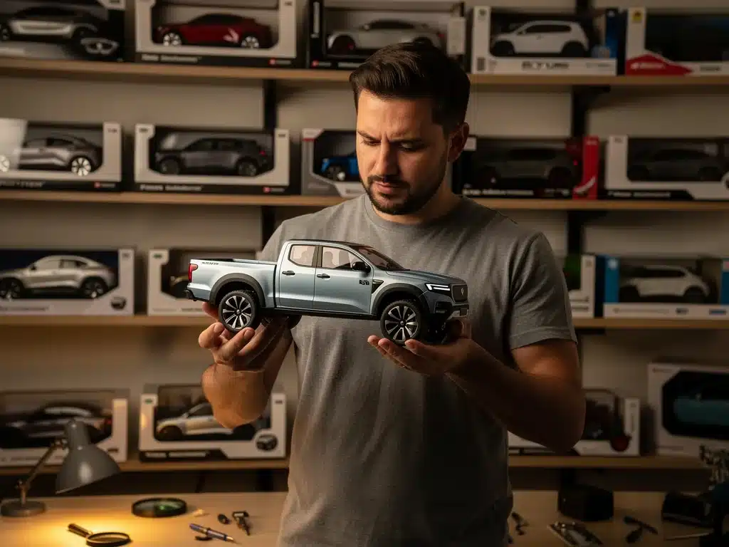Collector inspecting a new limited edition electric truck scale model