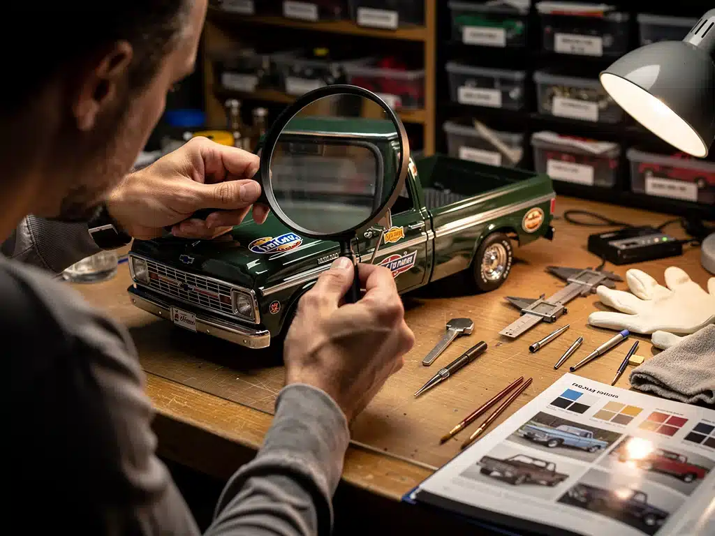 Collector examining scale model details with magnifying glass