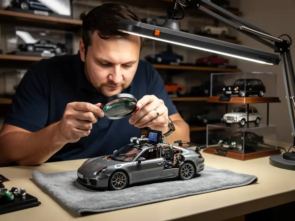 Collector inspecting a 1:18 scale model for new technological features.