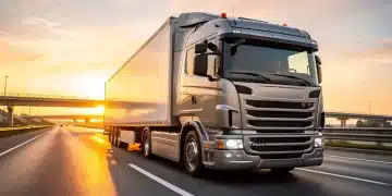 Modern commercial semi-truck driving on highway at sunrise, representing economic growth.