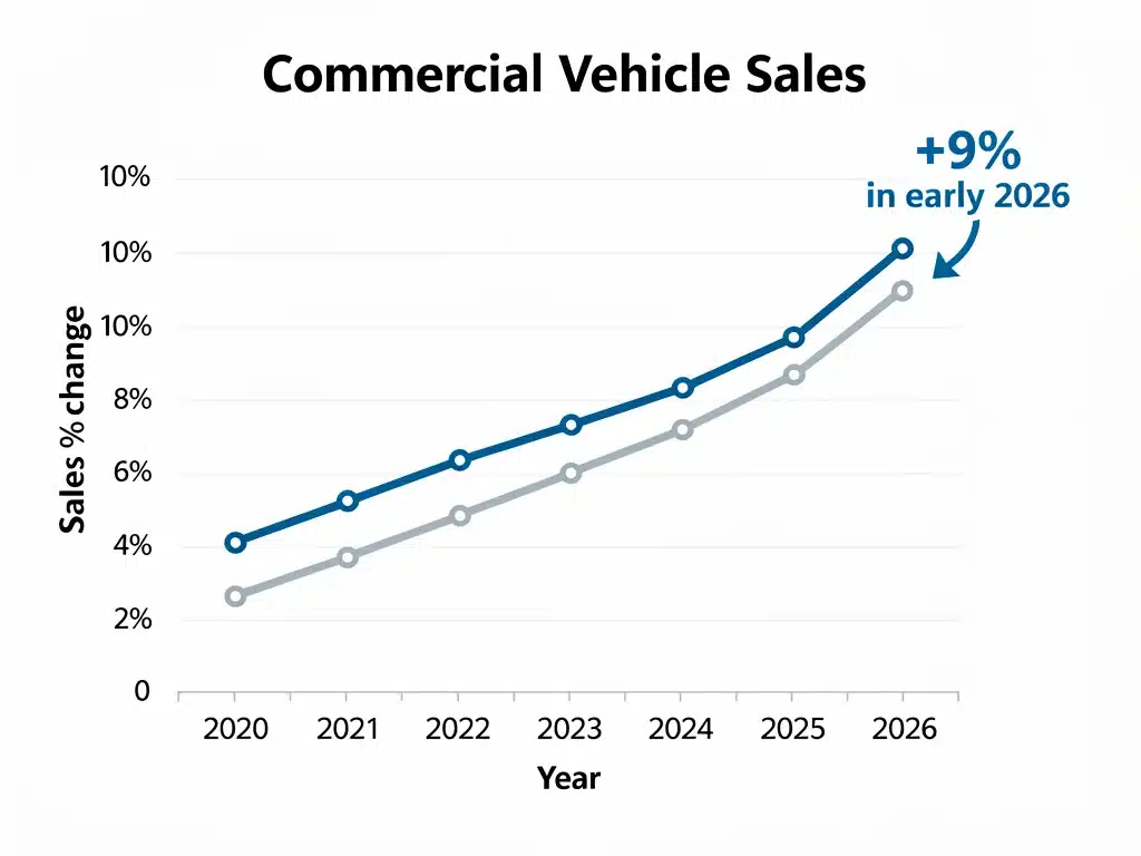 Graph illustrating 9% increase in US commercial vehicle sales in early 2026.