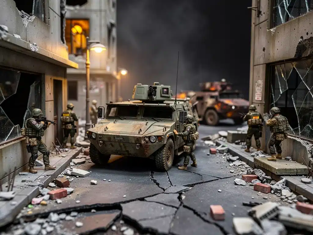 Complex custom scale model diorama urban combat scene