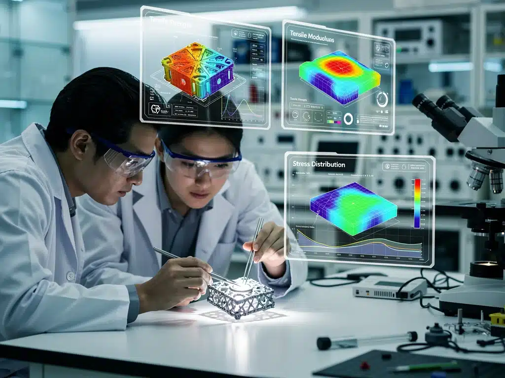 Engineers analyzing composite material automotive components in a high-tech lab.