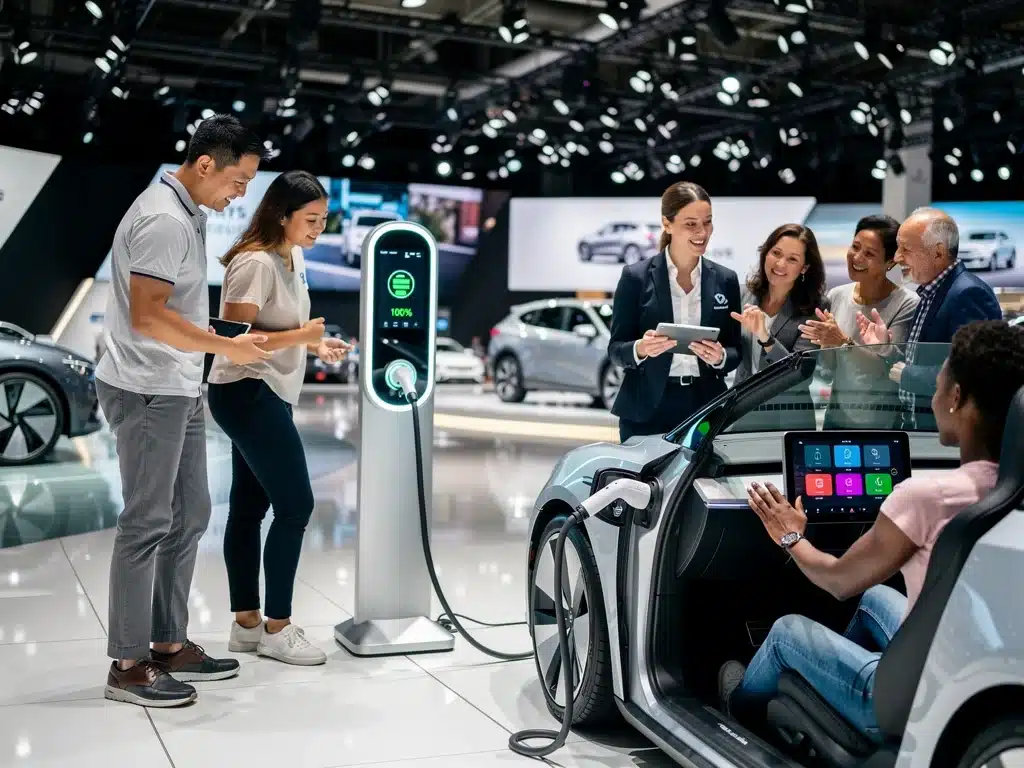Consumers engaging with advanced automotive technologies and electric vehicles at a modern auto show.