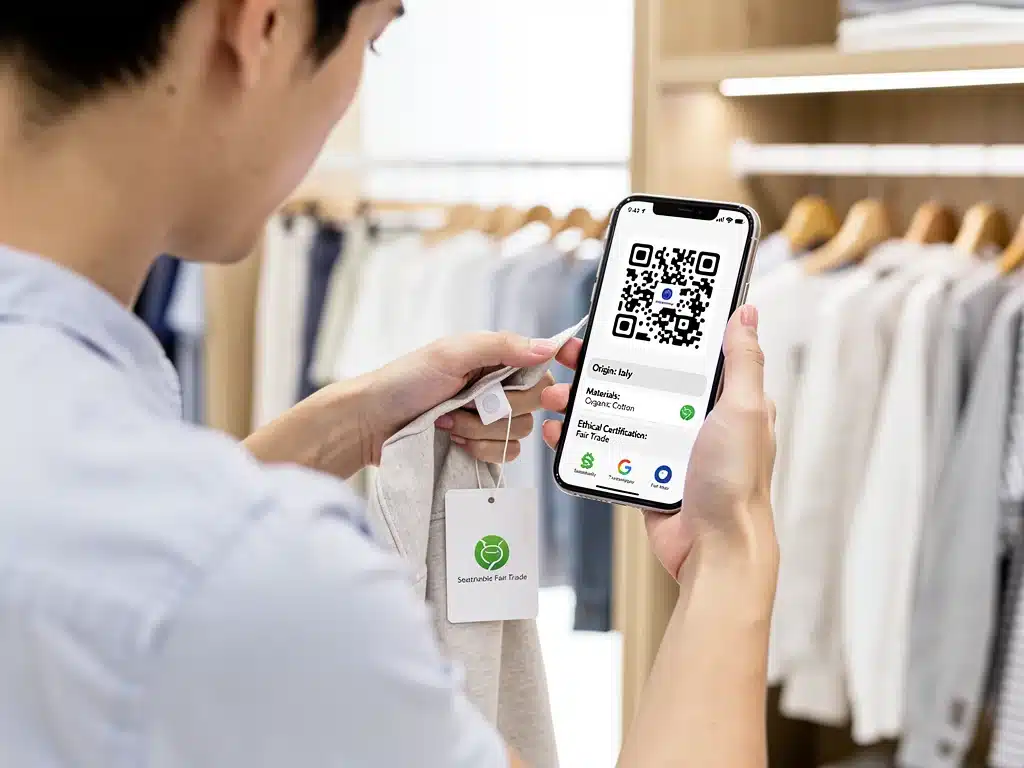 Consumer scanning QR code for apparel product information in store