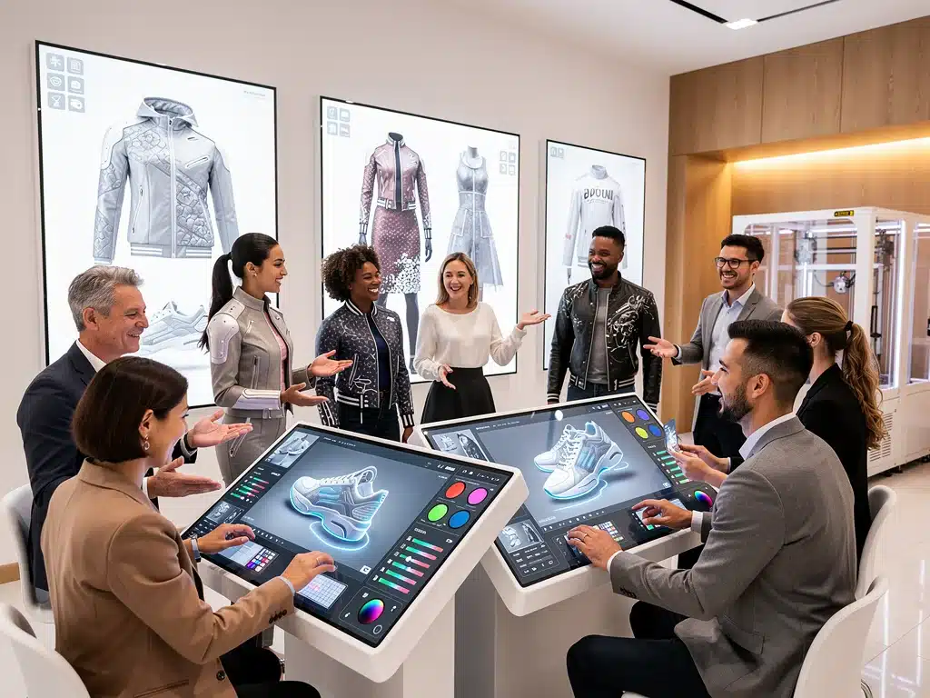 Consumers designing personalized 3D printed clothing in retail