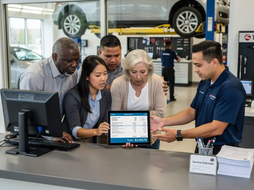 Consumers reviewing car repair estimates, reflecting higher maintenance expenses.
