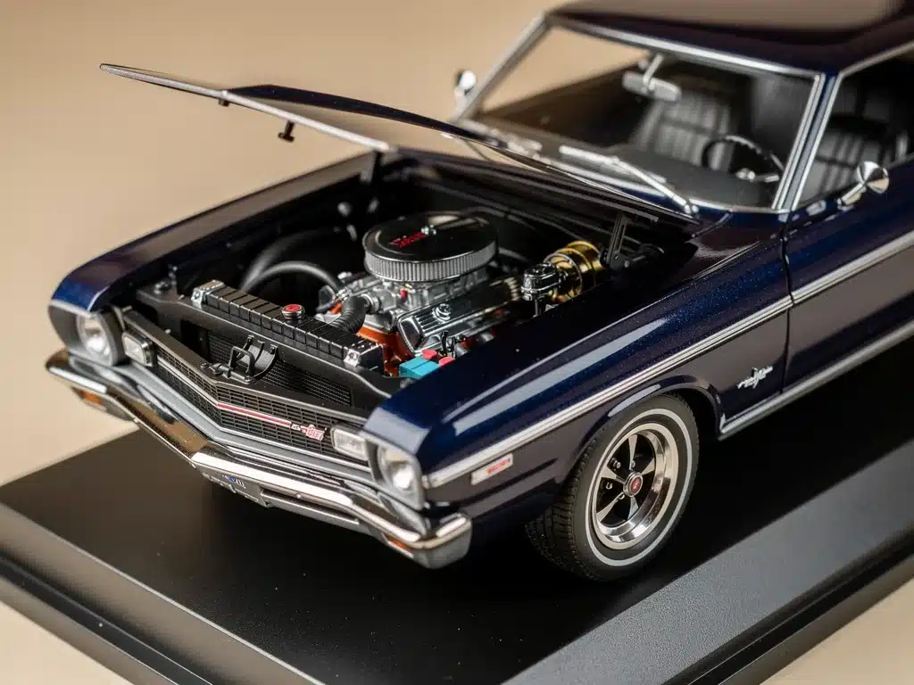 Detailed 1:18 scale diecast model of a classic American muscle car, emphasizing craftsmanship and authenticity.