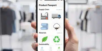 Digital product passport interface on smartphone, showcasing apparel transparency data