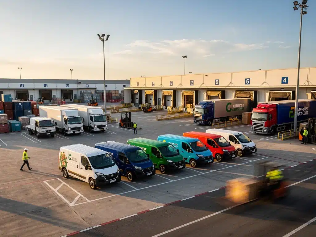 Diverse fleet of commercial vehicles in a busy logistics hub.