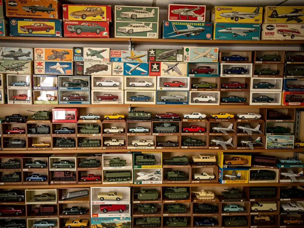 Diverse collection of vintage scale models on display.