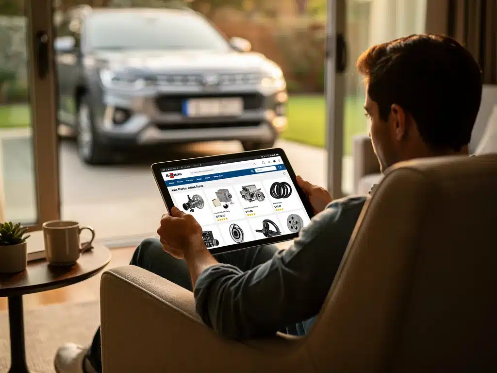 Person shopping for car parts online on a tablet, emphasizing convenience and digital retail.