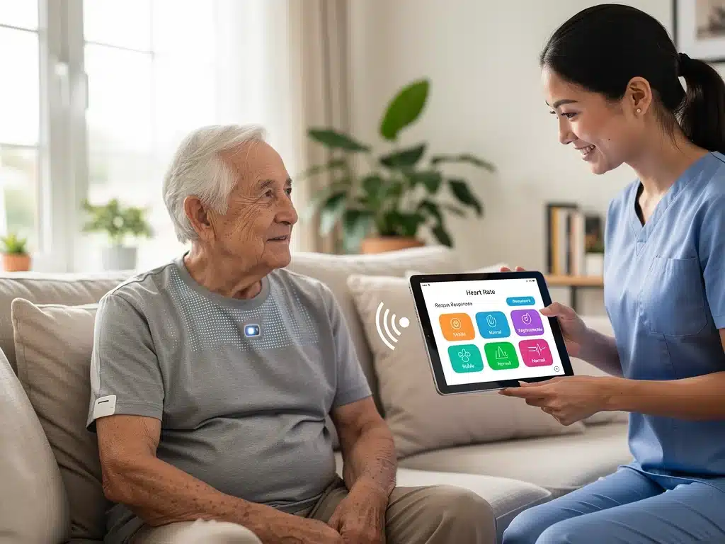 Elderly patient using smart apparel for remote health monitoring