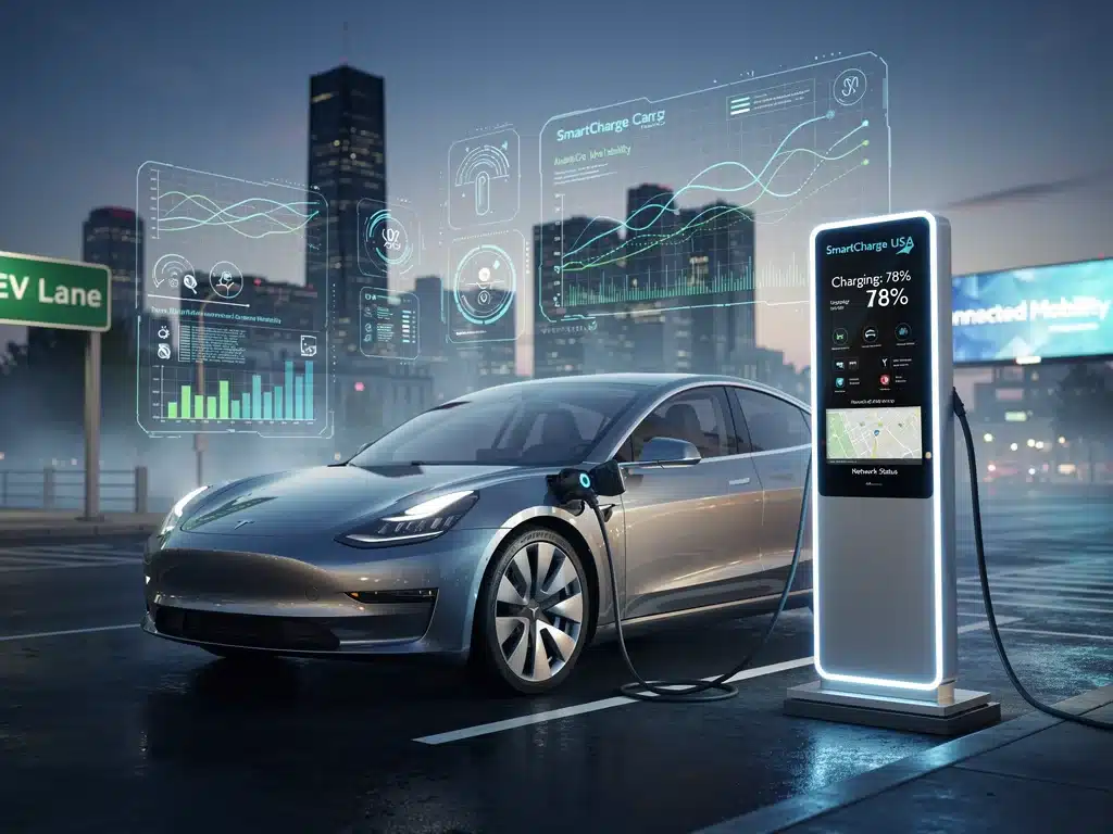 Electric vehicle charging at a smart station, showcasing software integration in EV and connected car services in the US.