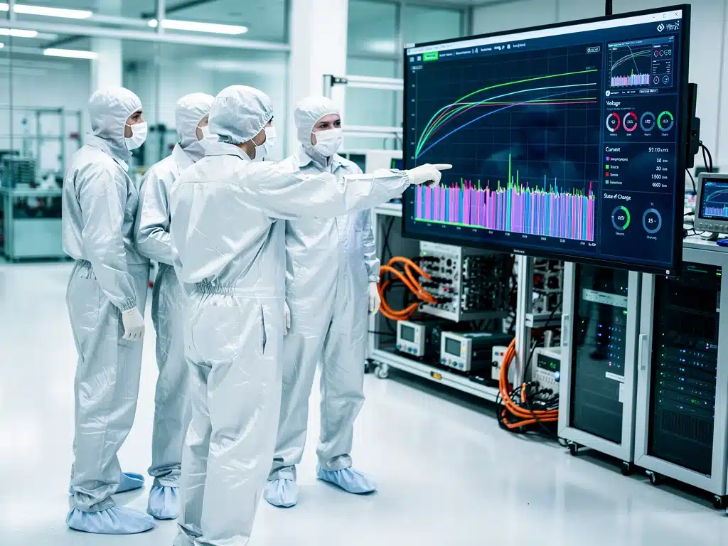 Engineers analyzing EV battery performance data in a lab