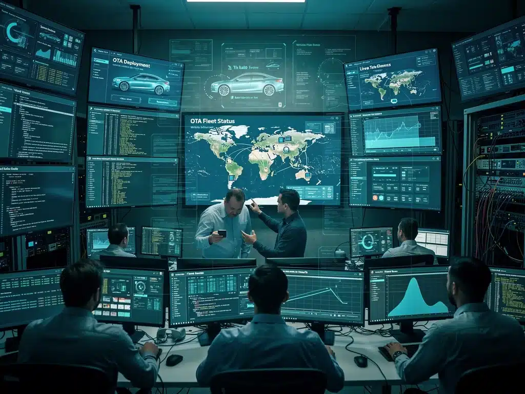 Engineers monitoring vehicle data in a high-tech control room for OTA updates