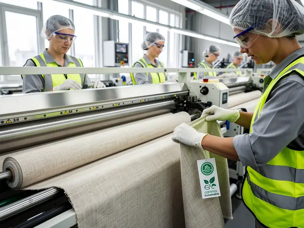 Textile workers inspecting fabrics in a modern, ethical factory setting