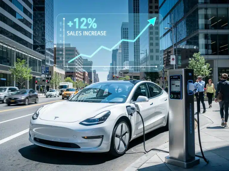 Electric vehicle charging at a station, representing the 12% sales surge in the US during H1 2026.