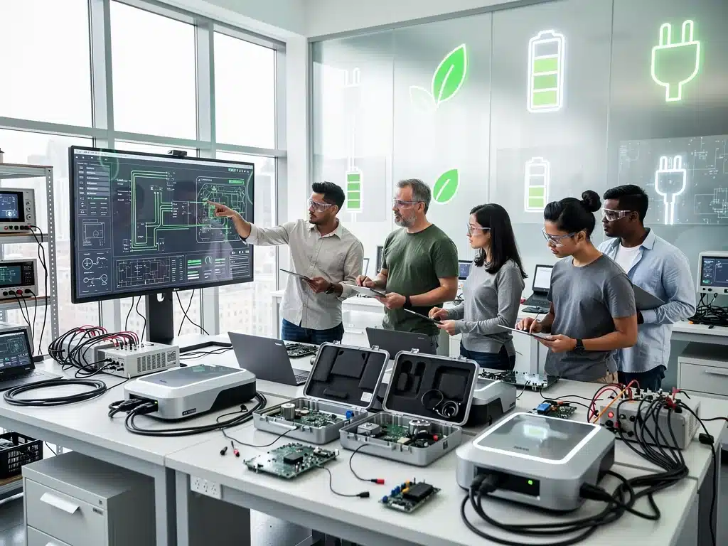 Engineers developing advanced EV charging technology in a lab.