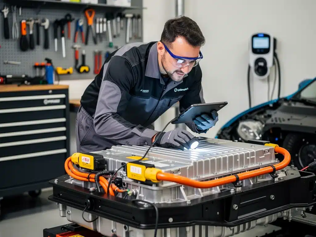 Automotive technician inspecting an electric vehicle battery module in a modern repair shop.