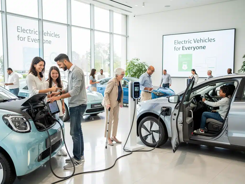 Consumers interacting with diverse electric vehicle models in a showroom.