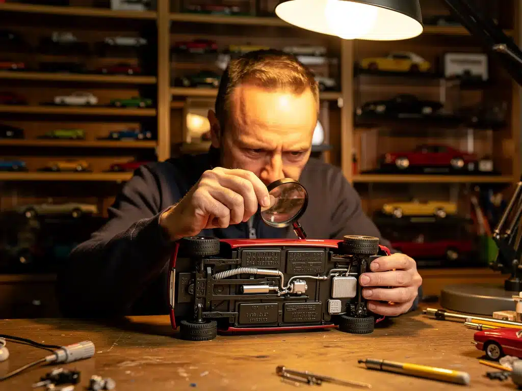 Collector examining scale model for unique identifiers