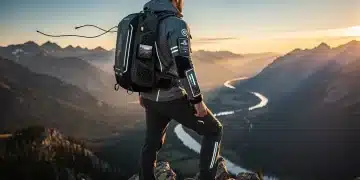Hiker on mountain peak wearing advanced outdoor apparel, symbolizing future gear
