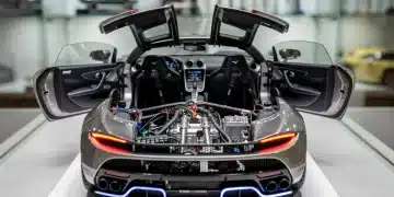 Futuristic 1:18 scale model car with advanced detailing and lighting, representing 2026 technology.