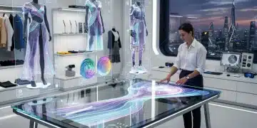 Futuristic apparel design studio with AI-powered holographic displays and designer