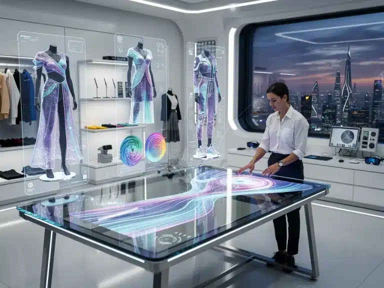 Futuristic apparel design studio with AI-powered holographic displays and designer