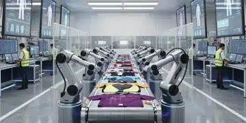 Robotic arms assembling clothing in a modern US apparel factory, showcasing automation.