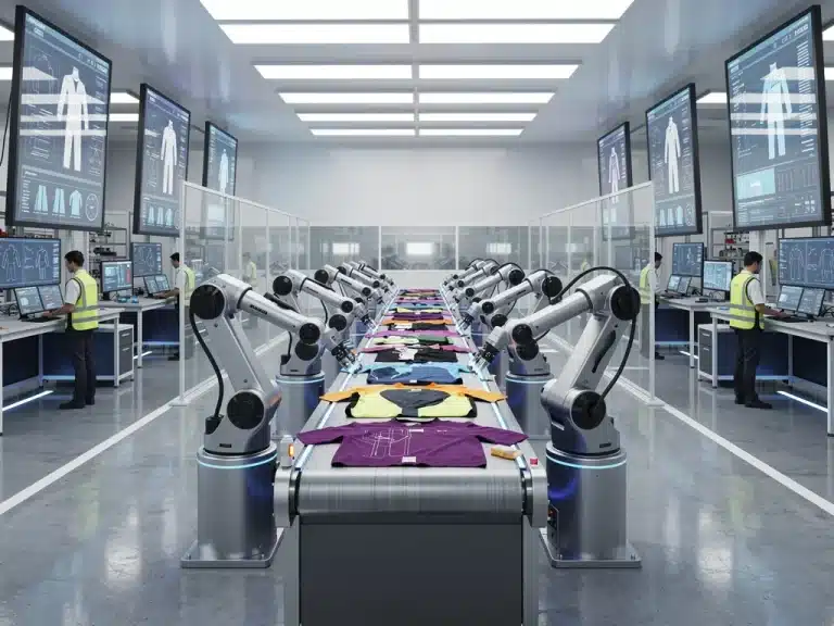 Robotic arms assembling clothing in a modern US apparel factory, showcasing automation.