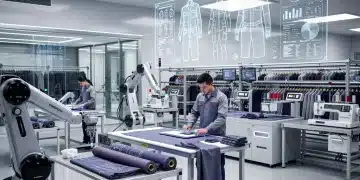 Robotic arms and human technicians collaborating on customized apparel in a 2026 US factory.
