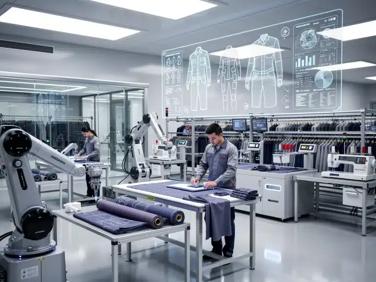 Robotic arms and human technicians collaborating on customized apparel in a 2026 US factory.