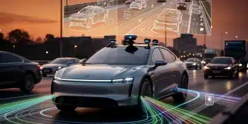 Futuristic autonomous car with Lidar sensors mapping its environment on a highway