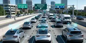 Futuristic autonomous vehicles on a US highway, showcasing advanced driving technology.
