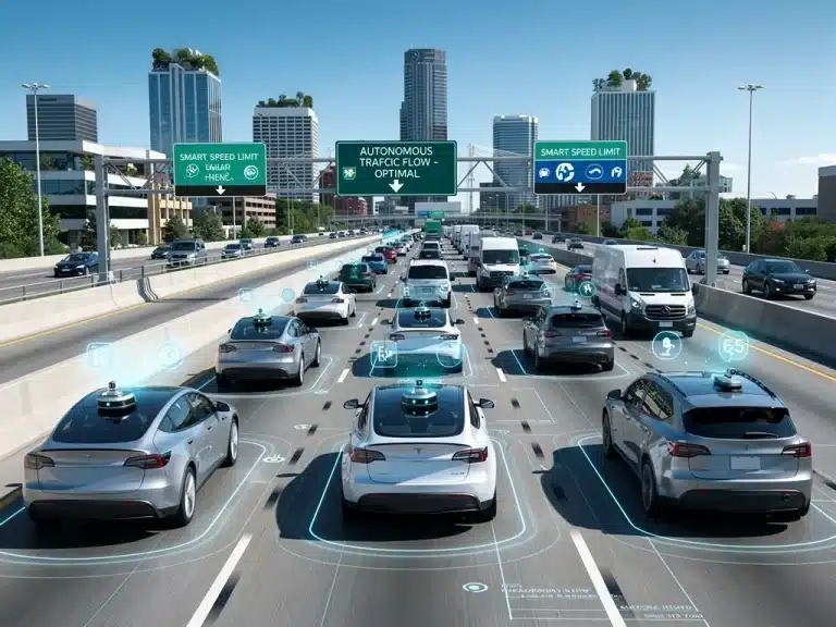 Futuristic autonomous vehicles on a US highway, showcasing advanced driving technology.