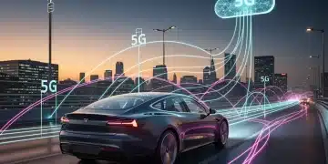 Futuristic car connected by 5G signals on a highway, symbolizing advanced automotive connectivity