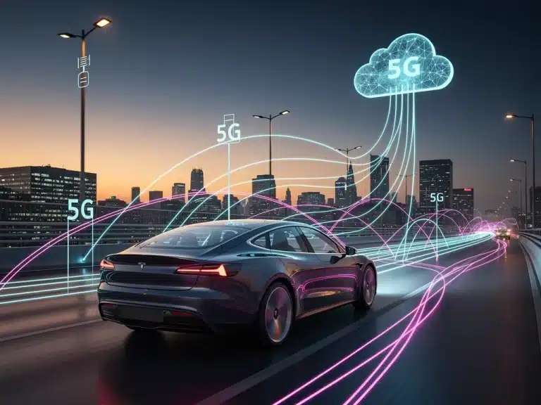 Futuristic car connected by 5G signals on a highway, symbolizing advanced automotive connectivity