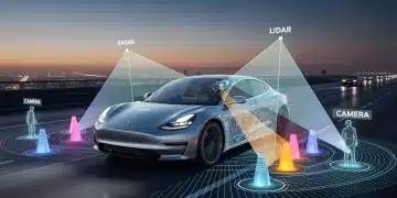 Futuristic car with ADAS sensors on highway, advanced driver assistance
