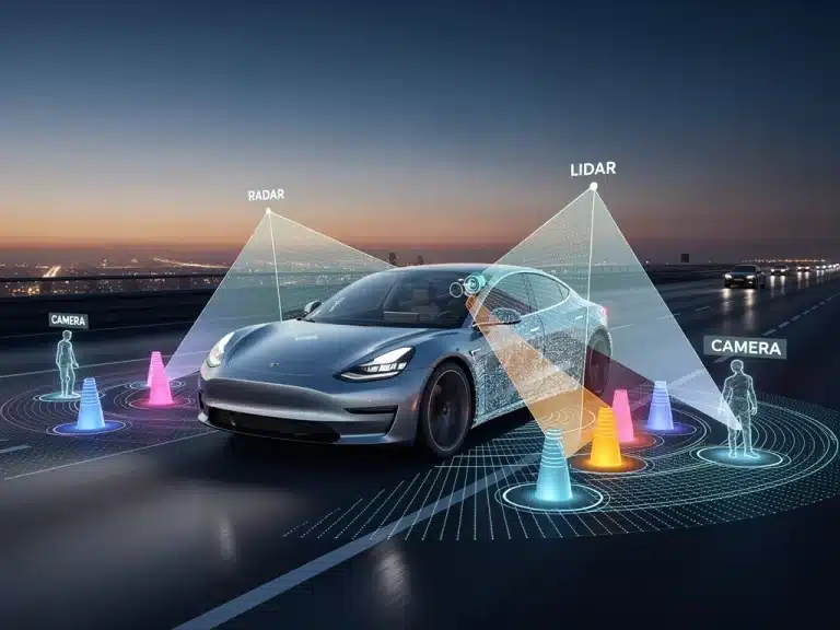 Futuristic car with ADAS sensors on highway, advanced driver assistance