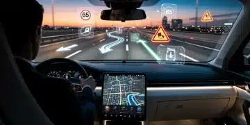 Futuristic car interior with AR-HUD projecting navigation and warnings onto the windshield, enhancing driver experience.