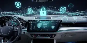 Futuristic connected car dashboard with cybersecurity icons