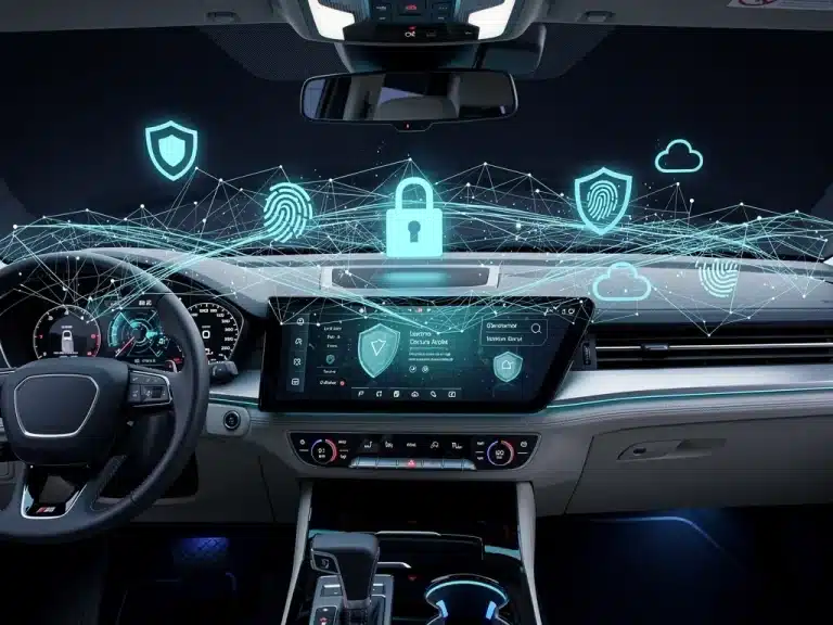Futuristic connected car dashboard with cybersecurity icons