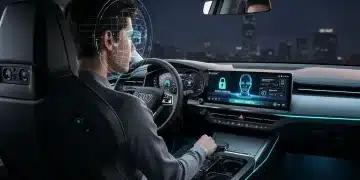 Futuristic car dashboard with facial recognition security system active
