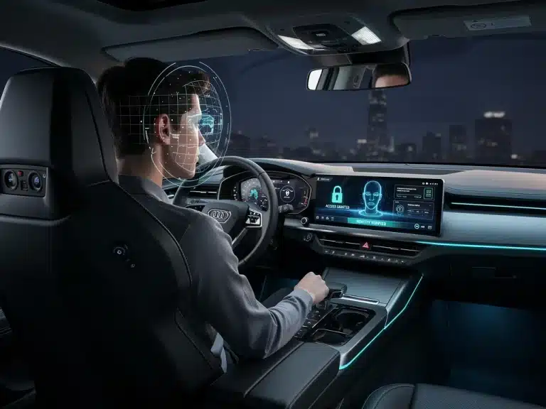 Futuristic car dashboard with facial recognition security system active