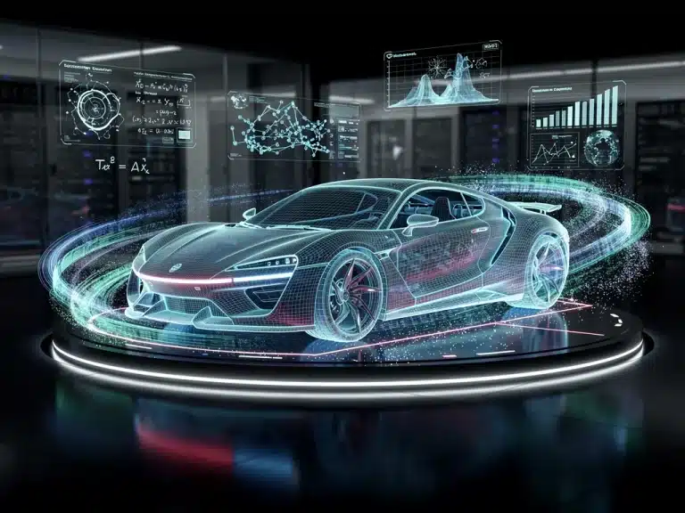 Futuristic car simulation with quantum computing data flows in 2026