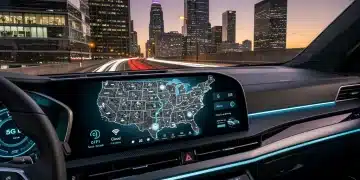 Futuristic car dashboard with advanced software interfaces showing digital maps and connectivity, symbolizing the growth of the US automotive software market.